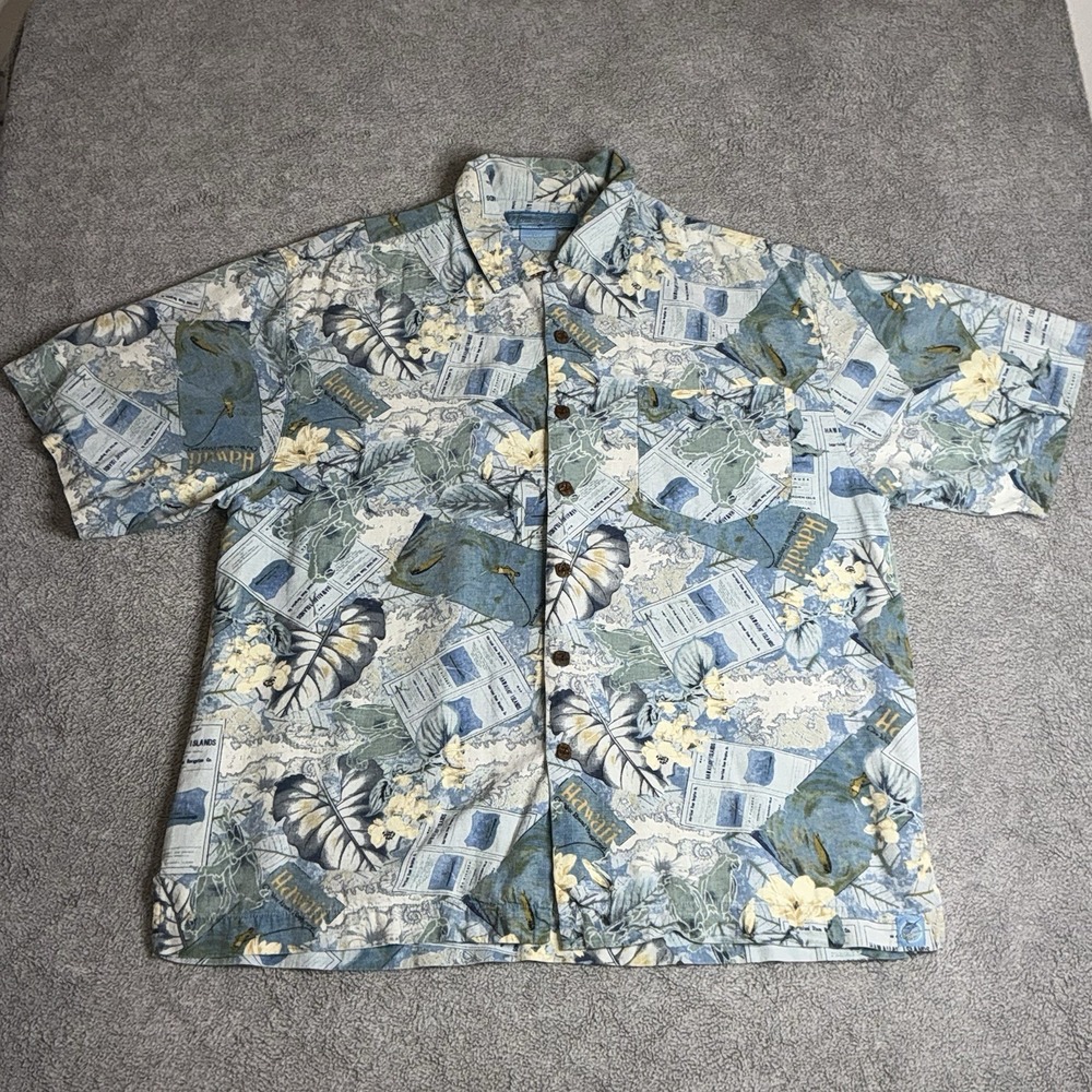 Vintage Bermuda Bay Silk Hawaiian Shirt Blue Flowers Maps Wooden Buttons Men's L
